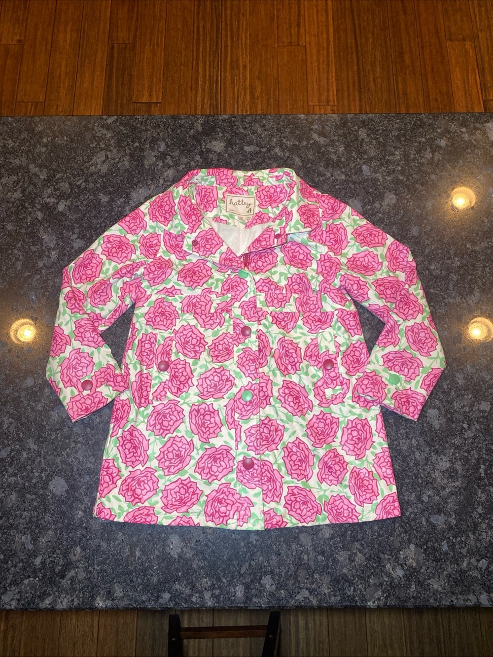 Hatley Girls Rose Print Hooded Snap Rain Coat Jacket Size 12 Terry Cloth Lining